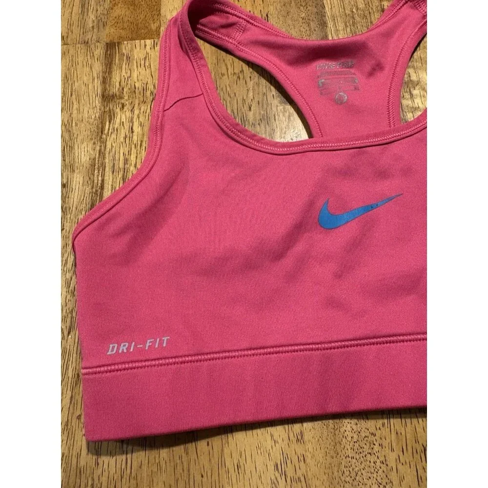 NIKE‎ Dri-Fit Sports Bra Size Small Magenta Pink Blue Swoosh Gym Running Outdoor